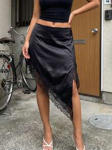 Women Satin Lace Trim Midi Skirt Polka Dot Print High Waist Long A-Line Skirts Vintage Silk Going Out Dress Y2k Streetwear Party Clubwear - 深灰色 - 查看 1