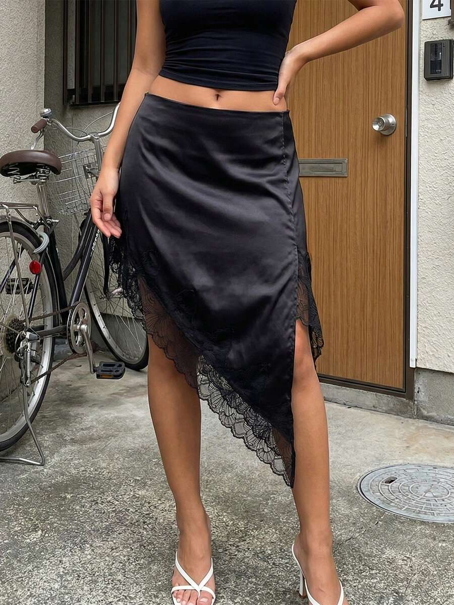 Women Satin Lace Trim Midi Skirt Polka Dot Print High Waist Long A-Line Skirts Vintage Silk Going Out Dress Y2k Streetwear Party Clubwear - 深灰色 - 查看 1