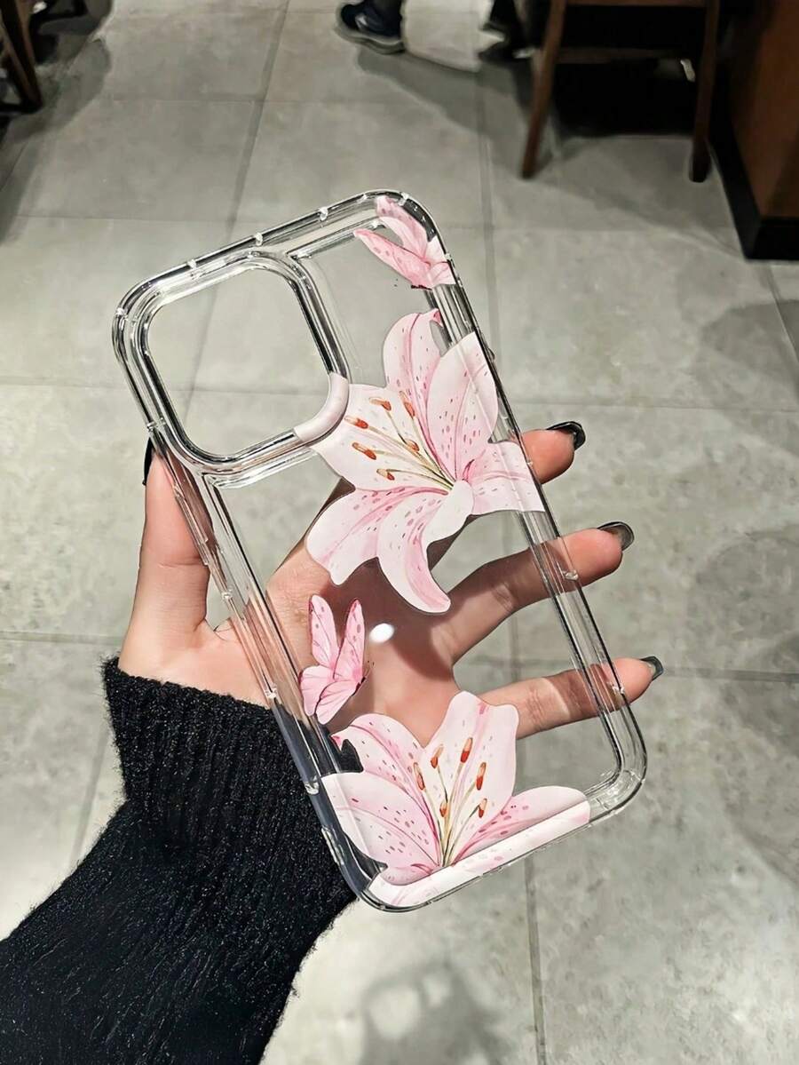 1pc Pink Butterfly Flower Pattern Personalized Frame 2-In-1 Transparent Shockproof Fashionable Phone Case, Suitable For IPhone 11 12 13 14 15 16 17 Pro Max,International Version, Not The Domestic Version - Multicolor - View 1