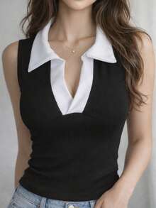 Blusa Regata Gola Polo Canelada Bicolor Sem Manga Elegante Moda Feminina Confortável Ajustada Ideal para Trabalho Escritório Social Básica Malhado Passeio - Preto - Visão 3