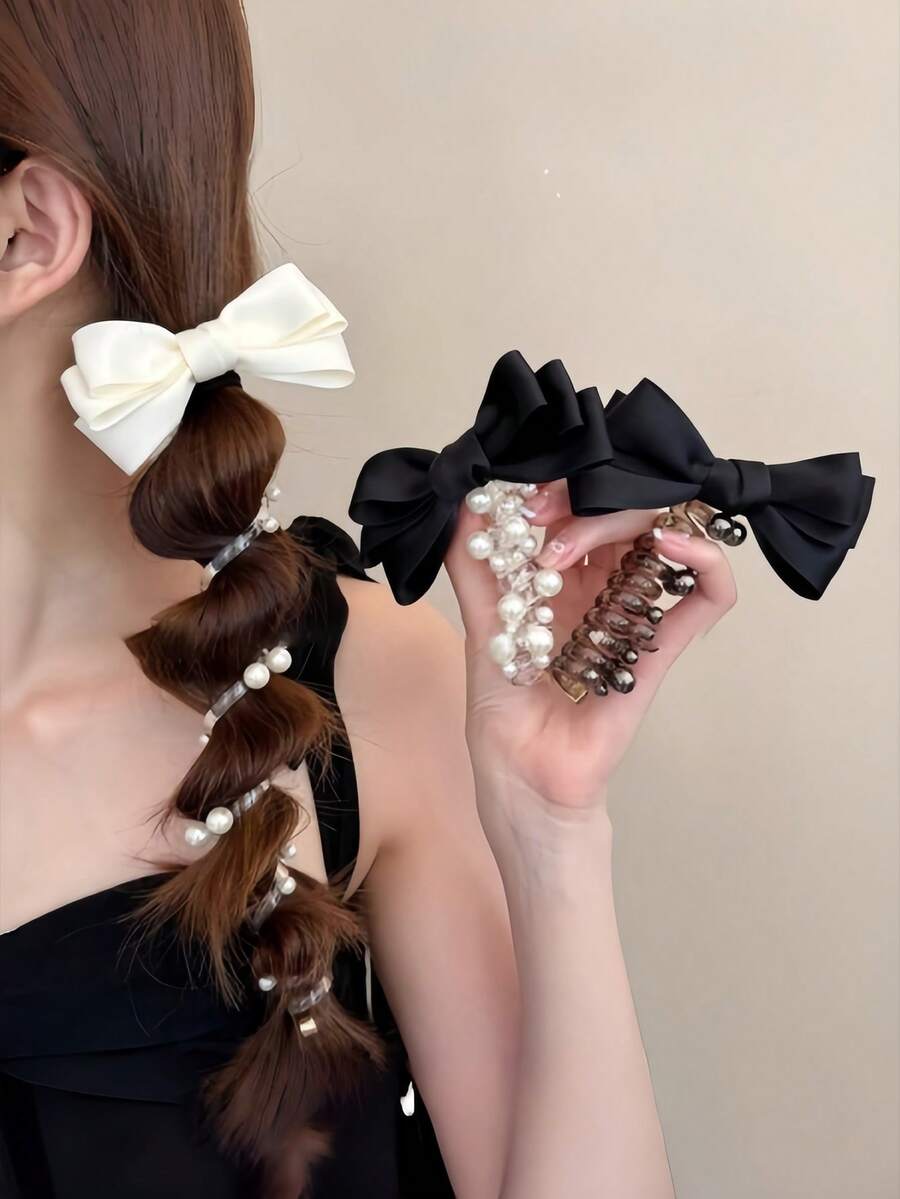 Randomly 2 Sets Of Telephone Line-Shaped Hair Clips And Hair Buns With Bows, Bubble Braid Hair Weaving Tools, Twisted Braid Hair Bands, And Ponytail Hair Weaving Styles Are Provided. - Multicolor - View 1