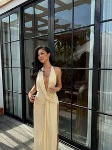 Sunshine Yellow Evening Gown, Fashionable Neck-Revealing Backless Deep V-Neck Sexy Slit Floor-Length Dress For Women, Glamoratti Aesthetic De Skirt - Màu vàng - Xem 7