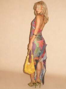 Color Sequins Neck Deep V Long Dress Women, Slim Split Dress Dress, Dinner Party Gradual Change Print Dress - 玫紅色 - 查看 6