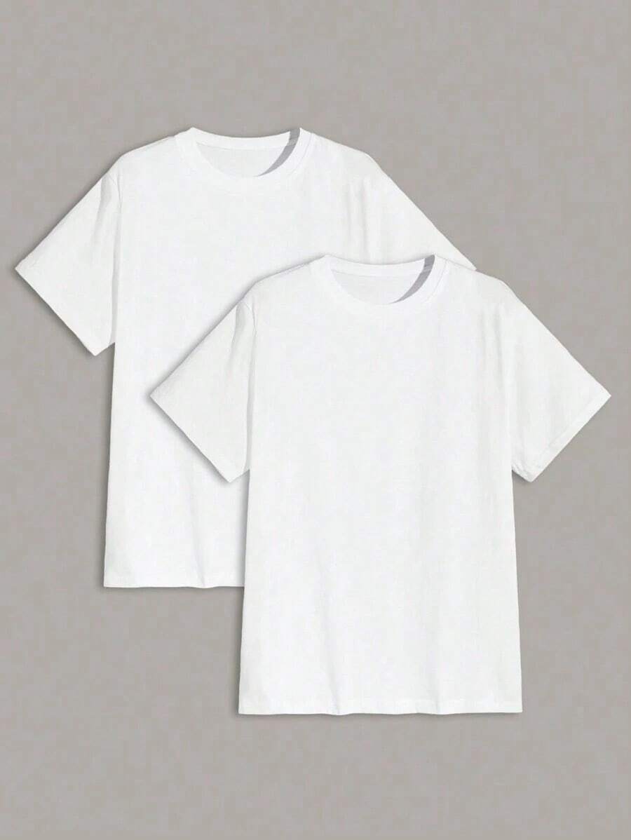 Manfinity Homme 2-Piece Solid Color Crew Neck T-Shirt For Men - 白色 - 查看 1