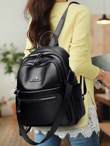 Women's Large Capacity Pure Color Fashion Simple Retro Backpack 2026 New Style Cross-Border PU Material Travel Backpack Sac A Dos - Black - View 12