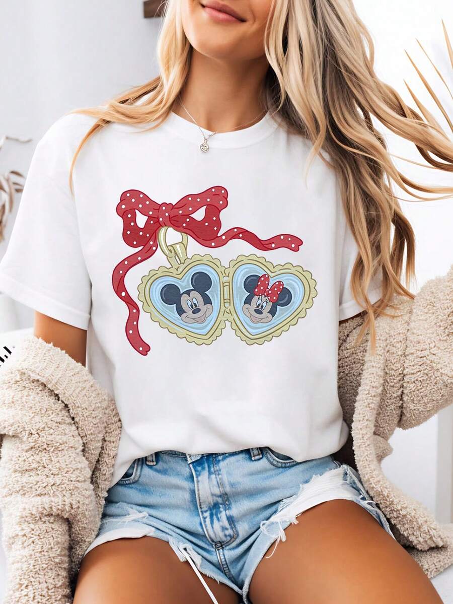 Disney-Style Women's Printed T-Shirt Featuring Mickey Mouse Gold Pendant Illustration Cartoon Print. This Round-Neck Summer Top Is Crafted From Soft, Comfortable 100% Cotton Fabric, Perfect For Everyday Wear, Outdoor Activities, Or Shopping. It Also Makes An Ideal Choice For Women's Vacation Wear. - White - View 1