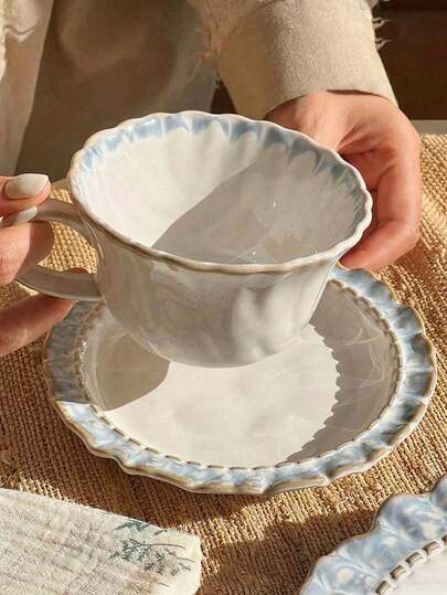 Bộ tách và đĩa cà phê gốm sứ màu xanh khói, kiểu dáng Ins-Style chất lượng cao với lớp men rạn, cốc cà phê latte kiểu Mỹ, cốc nước dùng trong nhà, quà tặng doanh nghiệp, quà sinh nhật, quà tặng ngày lễ, quà tặng cho bạn gái