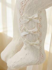 1pc Spring/Summer Lightweight Beige Children's Lolita-Style Tights - Featuring Lace, Rabbit Motifs, And Bows | Breathable Open-Mesh Design | Girls' Princess-Style Party Hosiery - Multicolor - View 1