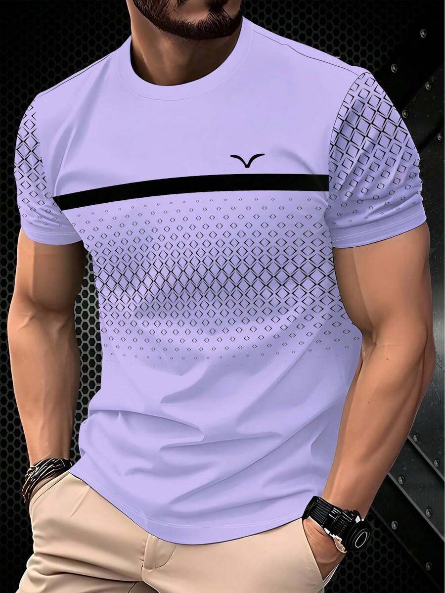 Men's Fashion Patchwork Short Sleeve T-Shirt, 100% Polyester, Geometric Diamond Pattern And Solid Color Combination, Minimalist Pullover Top, Breathable Summer Lightweight Fabric