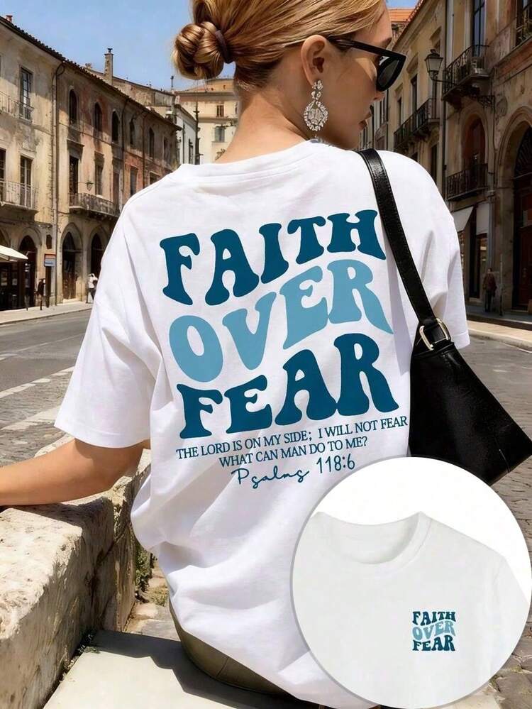 1pcs Plus Size Women's Oversized 100% Cotton T-Shirt, Printed With "FAITH OVER FEAR" And Bible Verse Designs On The Back, Suitable For Church Services, Religious Activities, And Daily Commuting, Showcasing The Power Of A Strong Faith - Trắng 4 - Xem 13