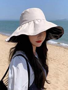 1顶新款韩版女士可折叠大檐遮阳帽，夏季款，黑色乙烯基材质，防紫外线，渔夫帽 - 彩色 - 查看 8