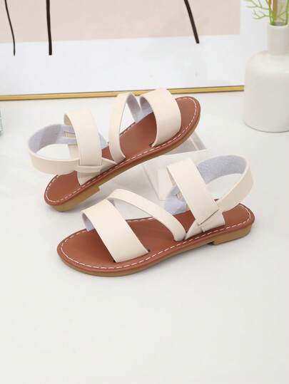 1 đôi sandal tối giản màu mơ cho bé gái, thiết kế quai đơn giản, sandal đế bằng cho trẻ em, sandal hở mũi có dây chun co giãn dễ phối đồ, đa năng cho mùa xuân/hè.