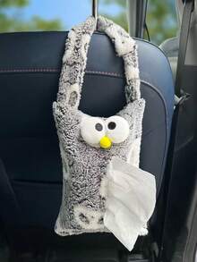 1pc Grey & White Plush Tissue Box, Car Hanging Tissue Paper Holder - Tissue Box - View 12