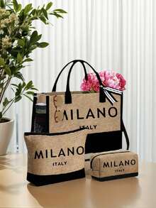 Women's Beach Themed Handbag Set Features The Artistic "Milano Italy" Logo And Includes A Large Capacity Handbag And Two Makeup Bags. - Multicolor - View 7