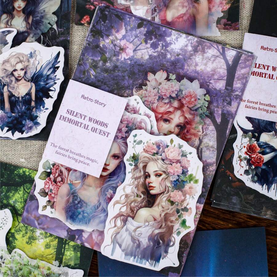 26张/包贴纸，“寂静森林寻仙”系列，神秘梦幻的创意纸张组合，剪贴簿用品和笔记本配件，可用于装饰卡片、相框、电脑、手机壳、水杯、旧杂志、铅笔盒、行李箱、桌面装饰贴纸、返校季贴纸、学校用品文具趣味贴纸 Kindle - 貼紙包 - 查看 1