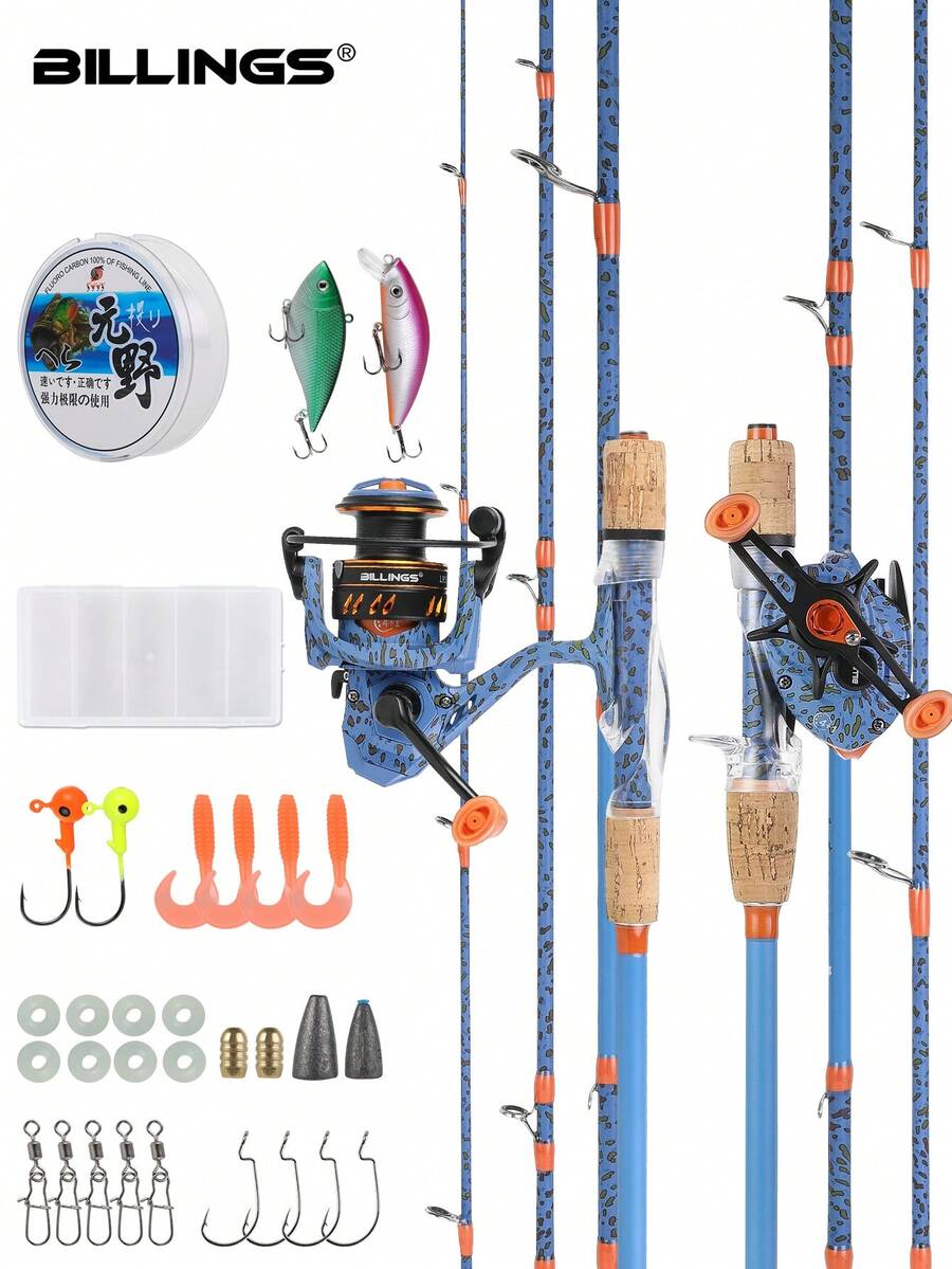 BILLINGS 4-Piece Carbon Fiber Fishing Rod & Reel Combo Set, Includes Spinning Reel And Baitcast Reel, Suitable For Saltwater And Freshwater Fishing - Multicolor - View 1