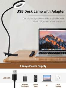 USB LED Desk Lamp Clip On Light, 3 Light Mode 10 Dimmable Brightness Eye Caring Book 360°Adjustable Reading Lights For Books In Bed, Bedside Table, Study, Craft - Multicolor - View 3