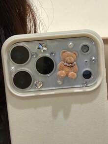 1片可爱3D珍珠熊和星星透明相机镜头保护膜，奢华心形月亮透明钢化玻璃屏幕保护膜配件，适用于 17 Pro Max/17 Pro - 淺棕色小熊 - 查看 3