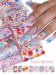 10张水彩花卉美甲贴纸，渐变色花叶枝条美甲箔转印贴纸，星空效果，春夏DIY美甲用品，20x4厘米 - 彩色 - 查看 8