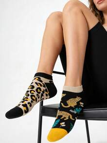 1 Pair Unisex Leopard Print Asymmetric Socks, Fashion Ankle Socks, Classic Matching Socks For Spring/Summer - Black - View 4