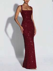 New Women's Slim-Fit Bodycon Dress With Faux Handmade Iridescent Sequins And Spaghetti Straps - 深紅色(26003) - 查看 3