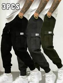 3pcs Men's Casual Cargo Pants, Comfortable Outdoor Sports Trousers - Multicolor - View 1