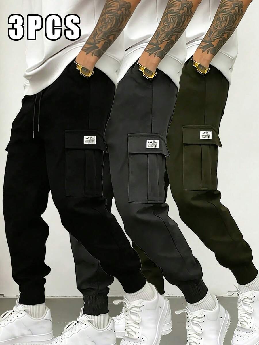 3pcs Men's Casual Cargo Pants, Comfortable Outdoor Sports Trousers - Multicolor - View 1