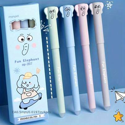 4pcs/Set 0.5mm Black Ink Cartoon Elephant Erasable Ballpoint Pen, Portable For School & Office Use