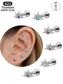 1PC ASTM F136 Titanium Internally Threaded Flat Back Earrings 5A Mini Round Cubic Zirconia Mini CZ Starburst Stud, G23 Titanium Tragus Cartilage Conch Helix Nose Labret Lip Piercing Jewelry For Sensitive Ears Women Men - 1Pc-titanium - View 1