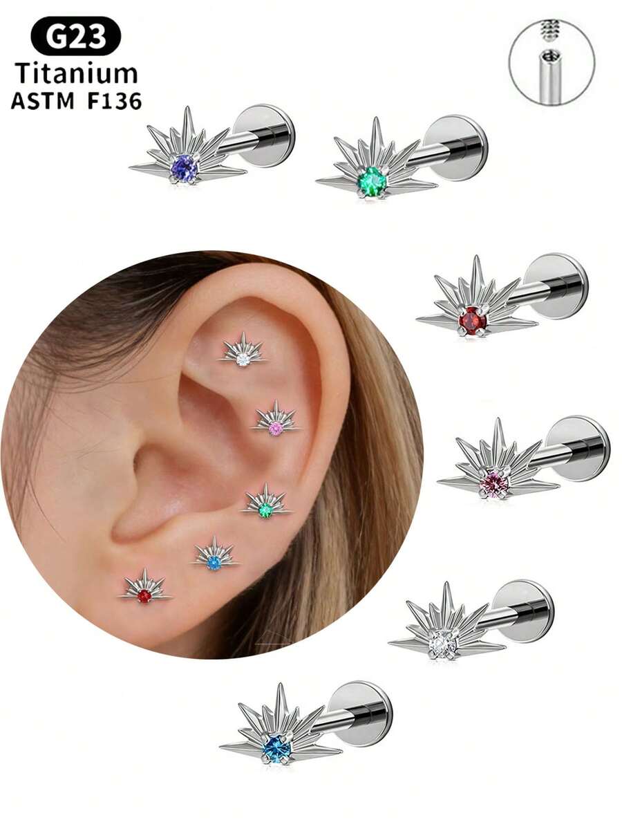 1PC ASTM F136 Titanium Internally Threaded Flat Back Earrings 5A Mini Round Cubic Zirconia Mini CZ Starburst Stud, G23 Titanium Tragus Cartilage Conch Helix Nose Labret Lip Piercing Jewelry For Sensitive Ears Women Men - 1Pc-titanium - View 1