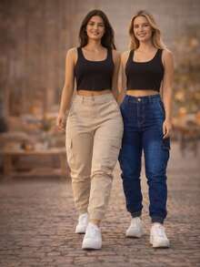 Stillger Moda Jeans Set Of 2 Cargo Jogger Jeans With Butt-Lifting Effect, High Waist, Premium Lycra - 米色和藍色噴漆 - 查看 1