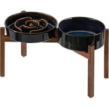 Ceramic Raised Slow Feeder Dog Bowl Set With Acacia Wood Stand - 2 X Starry Sky + Stand - a - View 9