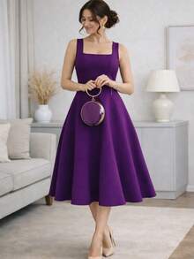 Women's Midi Dress With Square Neckline And Defined Waist - Màu tím - Xem 1