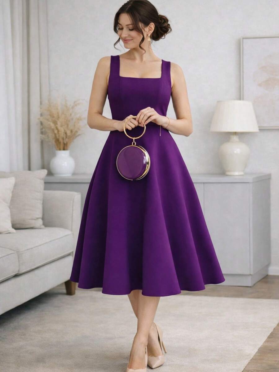 Women's Midi Dress With Square Neckline And Defined Waist - Màu tím - Xem 1