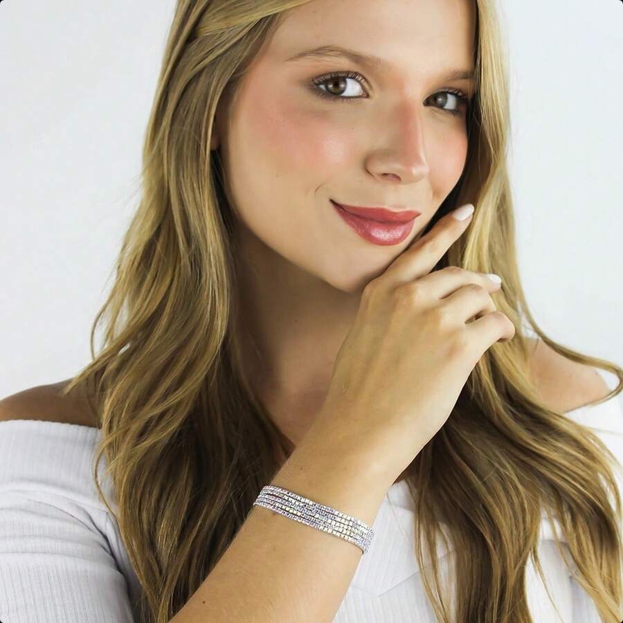Women's Semi-Jewelry Set, 925 Sterling Silver Plated, Kit Of 5 Elastic Bracelets With Sparkling Rhinestones, Silver Finish - 北方 - 查看 1