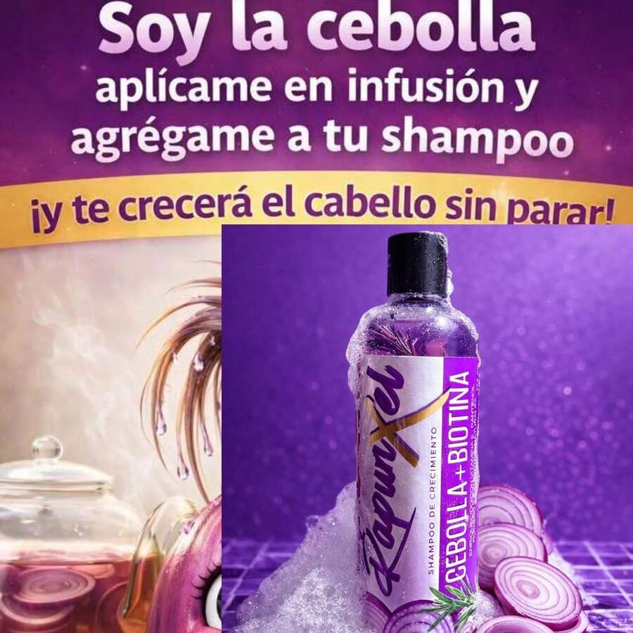 Shampoo Cólageno y Biotina, Rapunzel CEBOLLA ➕ BIOTINA Contiene vitaminas E, B3, pantenol y biotina. Diseñado como un tratamiento de crecimiento saludable para el cabello.