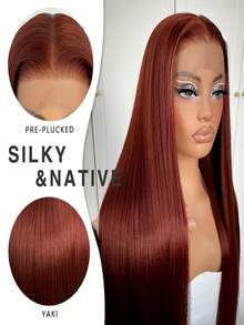 13x4 Reddish Brown Lace Front Wig Pre-Plucked Glueless Straight HD Lace Front Wig Synthetic Red Brown Long Straight Lace Front Wig 28inch - Multicolor - View 4