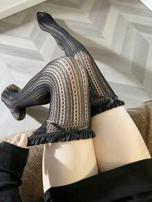 1/2/3 Pairs Of Lace Fishnet Over-The-Knee Stockings, Sweet Lolita Style Featuring Bows And Ruffle Trim, Feminine Details - Multicolor - View 6