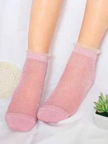 1 Pair Women's Pink Mesh Glitter Ankle Socks | Lace Ruffle Trim | Kawaii Sweet Girly | Everyday Essential For Daily Wear - Multicolor - View 4