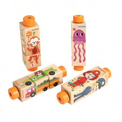 1 Set Rotating Wooden Children's Puzzle, Animal, Ocean, Transportation Themes, 3D Building Block Puzzles, Educational Toy For Hand-Eye Coordination Training, Suitable For Kindergarten, Toddler Gift