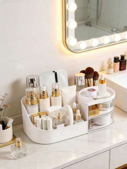 2个/1个大容量白色化妆品收纳盒，多功能双抽屉收纳盒，珠宝收纳盒，化妆品展示架，香水收纳盒，办公文具收纳盒，适用于梳妆台和护肤品收纳，塑料收纳架，洁净室化妆架，浴室配件，母亲节礼物，生日礼物，节日礼物