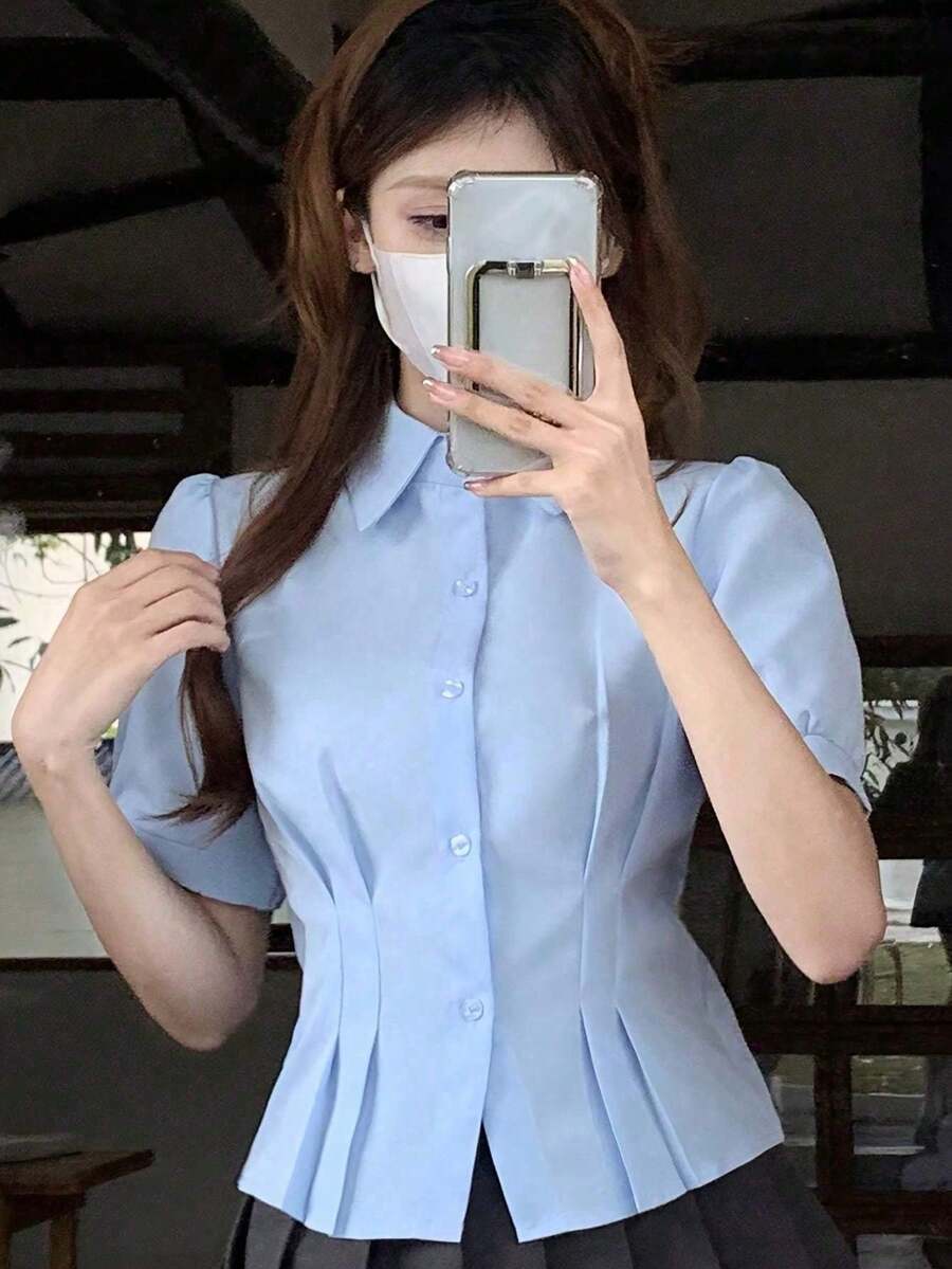 夏季女式衬衫,青春活力短袖,甜美清爽JK风褶皱上衣,百搭校园休闲上衣 - 藍色 - 查看 1