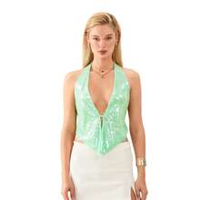 Women Halter Sequin Tank Tops Sparkly Glitter Mermaid Costumes Backless Vests Summer Sleeveless Deep V-Neck Drape Front Camisoles Crop Tops Party Clubwear Streetwear - 綠色 - 查看 4
