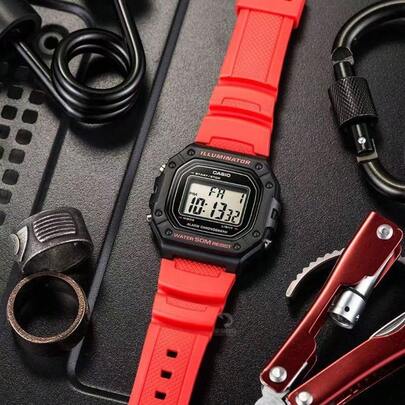  Casio Red Square Sport Digital Watch 50M Waterproof 7-Year Battery Life LED Light Multifunctional Student Wristwatch