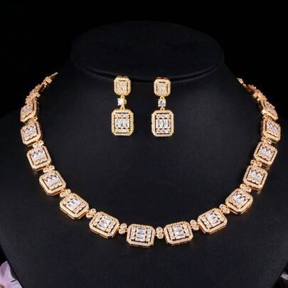 SEQUITO 3件套奢华镀金首饰套装，镶嵌白色AAAAA级立方氧化锆，闪亮水滴耳环和项链，适合婚礼派对佩戴