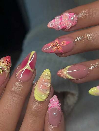 24 Pieces Of Short Almond Shaped Acrylic Manicure Patches With Pink And Yellow Gradient French Press On Nails 3D Glue Three Dimensional Shell Design Fake Nails, Including 1 Piece Of Jelly Glue And 1 Nail File, Suitable For Parties, Events, And Daily Wear. Suitable For Women And Girls. Includes Manicure Tools. Shapeable Manicure Set