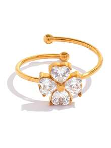 Frminee 2pcs/1pc Women's 18k Gold Plated Four-Leaf Clover Stainless Steel Ring, Cubic Zirconia Lucky Promise Ring, Elegant Jewelry Gift - Multicolor - View 8