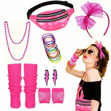 18件套80、90年代复古女装配饰套装，包括蕾丝发箍、耳环、项链、手链、手套和腿套，适合80年代复古派对、化装舞会、复古派对等场合。 - 查看 1