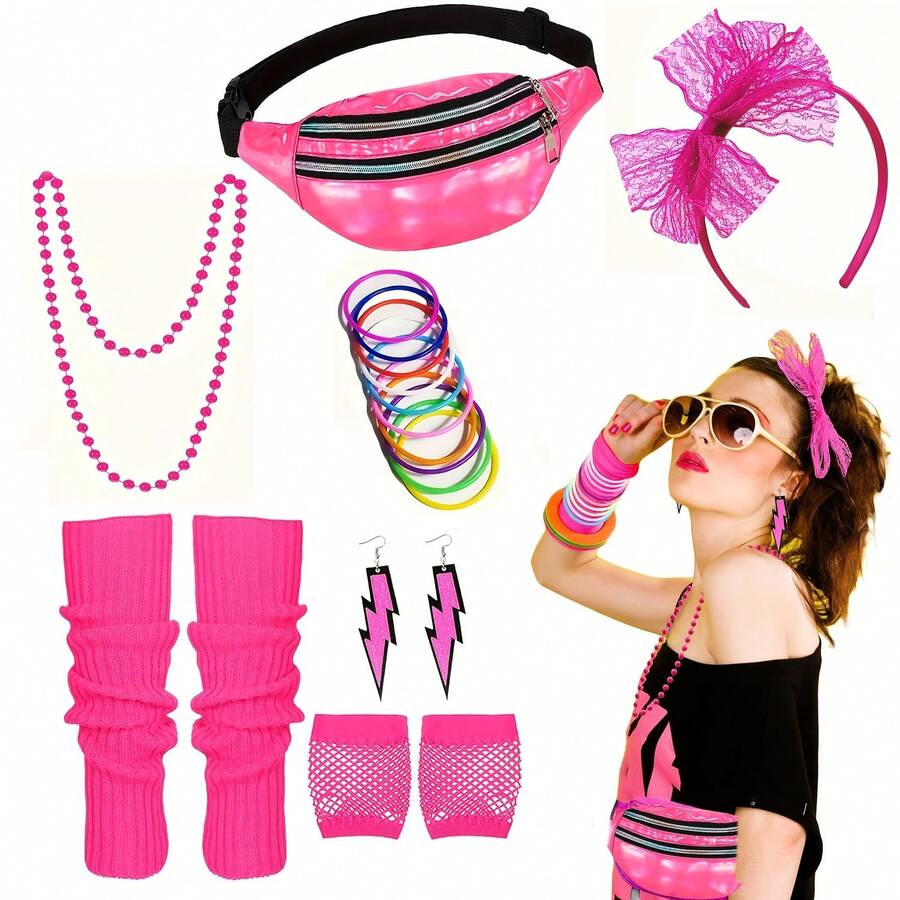 18件套80、90年代复古女装配饰套装，包括蕾丝发箍、耳环、项链、手链、手套和腿套，适合80年代复古派对、化装舞会、复古派对等场合。 - 查看 1