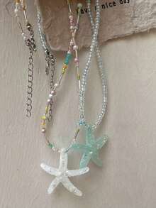 1件甜美清新波西米亚风树脂海星彩色串珠项链，适合海滩度假佩戴（珠子颜色顺序可能与图片略有不同） - 彩色 - 查看 3